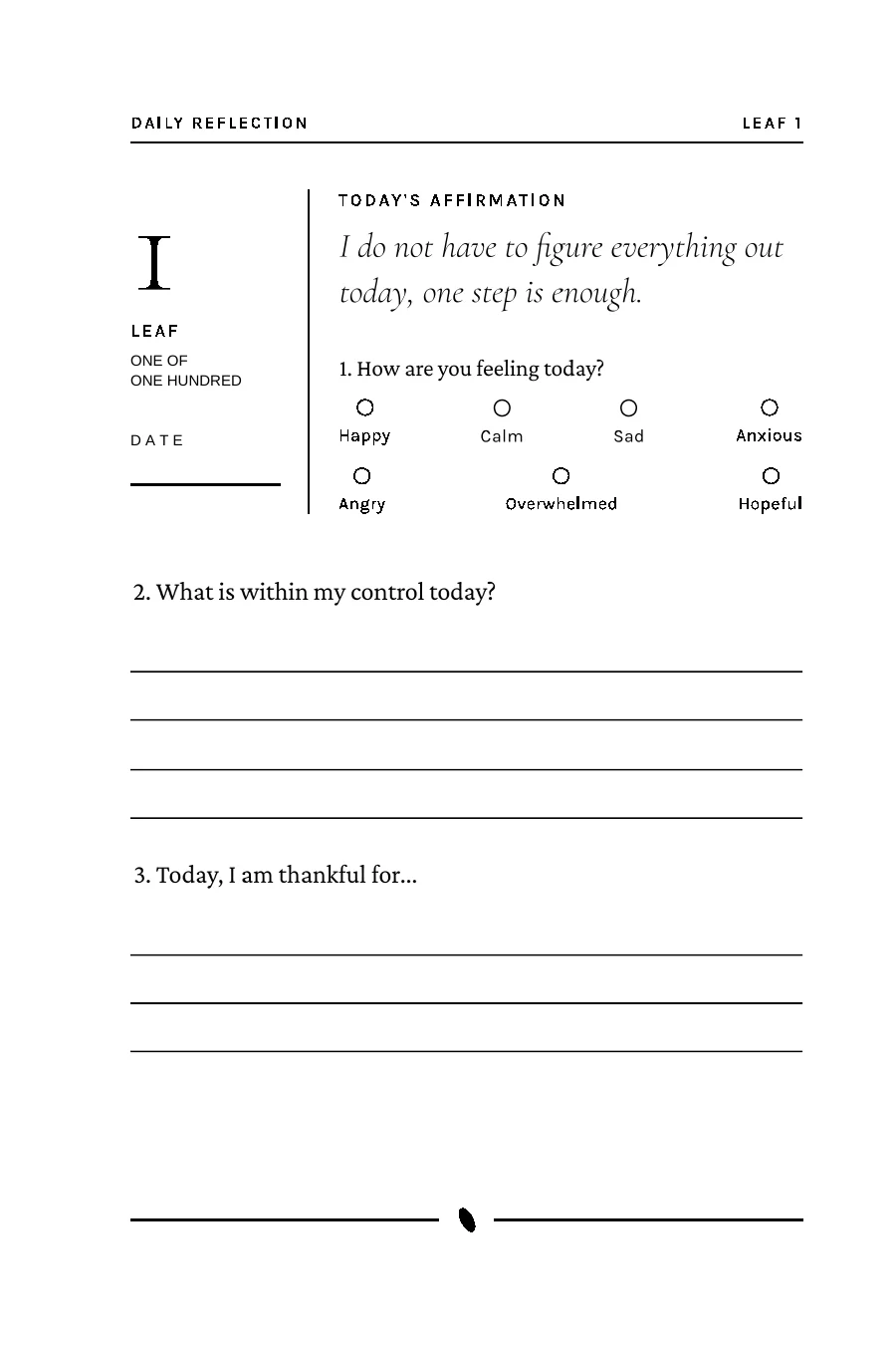 Interior page: Leaf 1 daily reflection with today's affirmation, an emotional check-in, and gratitude prompt