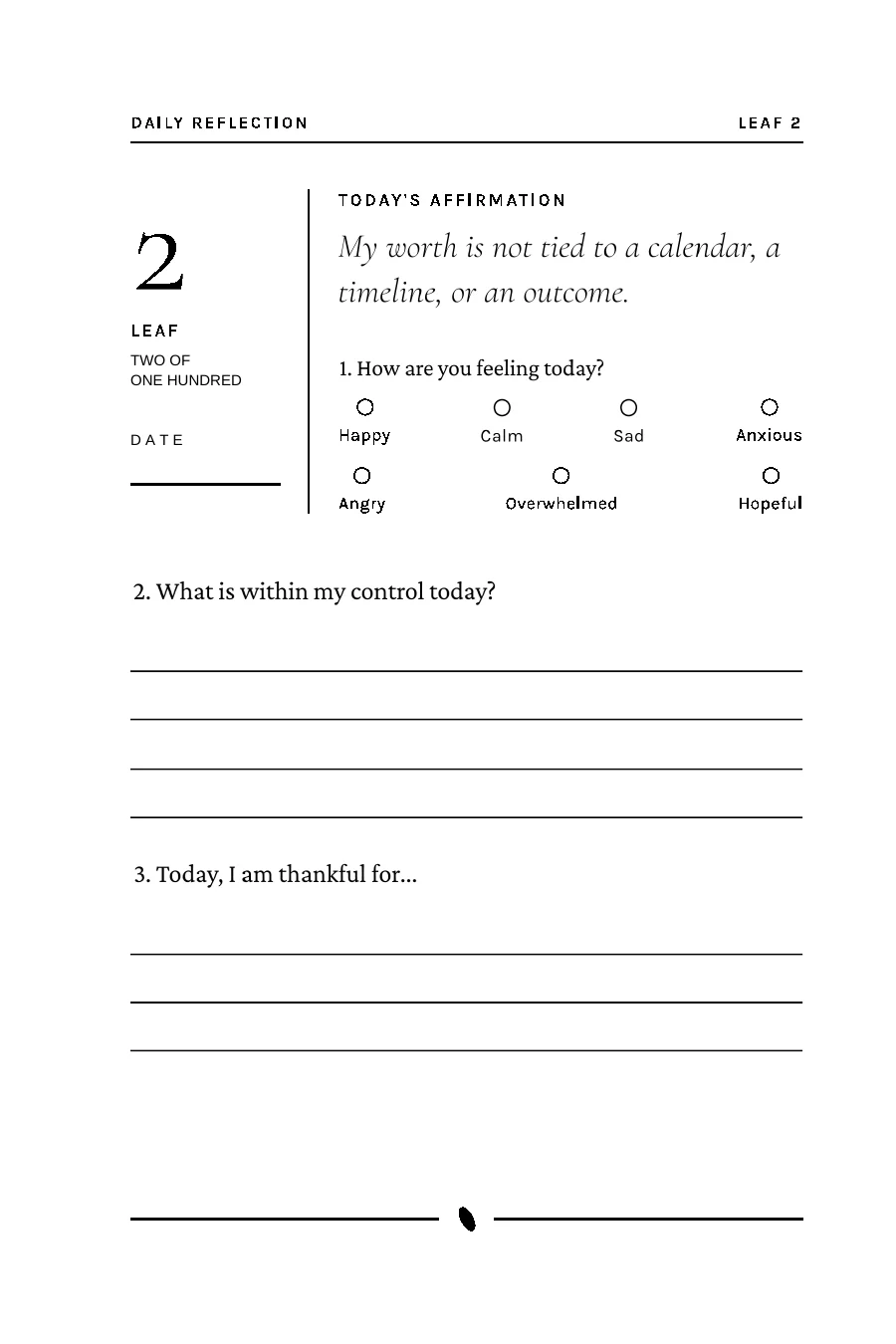 Interior page: Leaf 2 daily reflection with the affirmation 'My worth is not tied to a calendar, a timeline, or an outcome.'